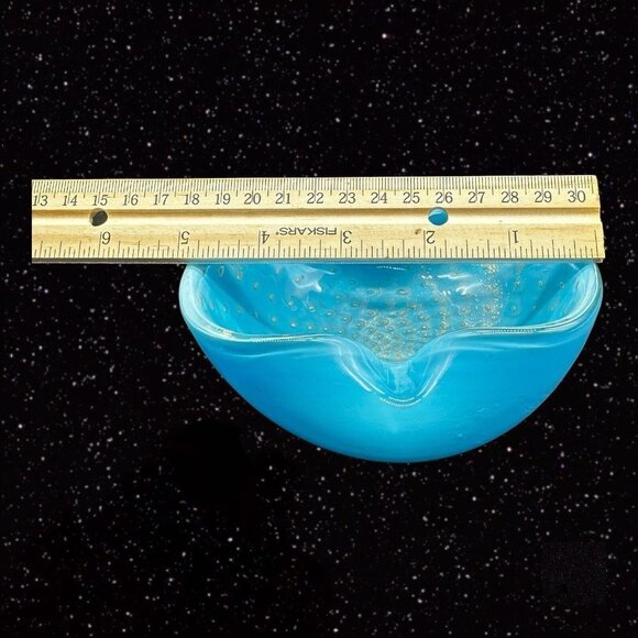 Murano Mid Century Art Glass Bowl Ashtray Blue Gold Aventurine Glitter 5”W 2”T - Picture 10 of 12